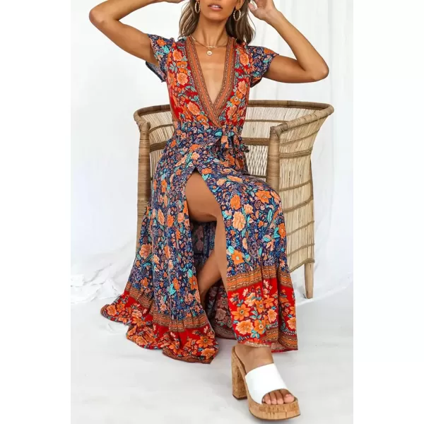 imagePRETTYGARDEN Women Boho Summer Side Split Deep V Neck Short Sleeves Maxi Dress with BeltDark Blue