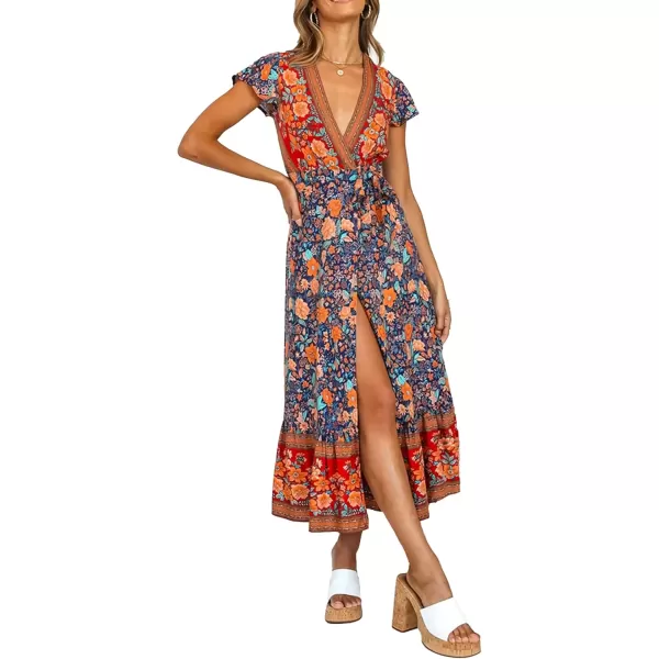 imagePRETTYGARDEN Women Boho Summer Side Split Deep V Neck Short Sleeves Maxi Dress with BeltDark Blue
