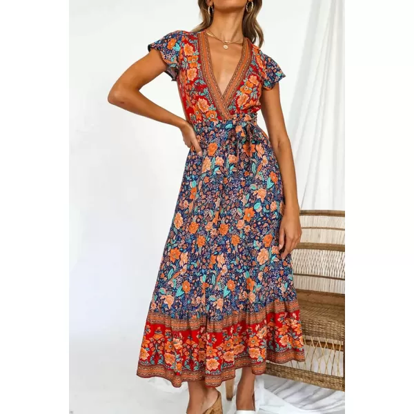 imagePRETTYGARDEN Women Boho Summer Side Split Deep V Neck Short Sleeves Maxi Dress with BeltDark Blue