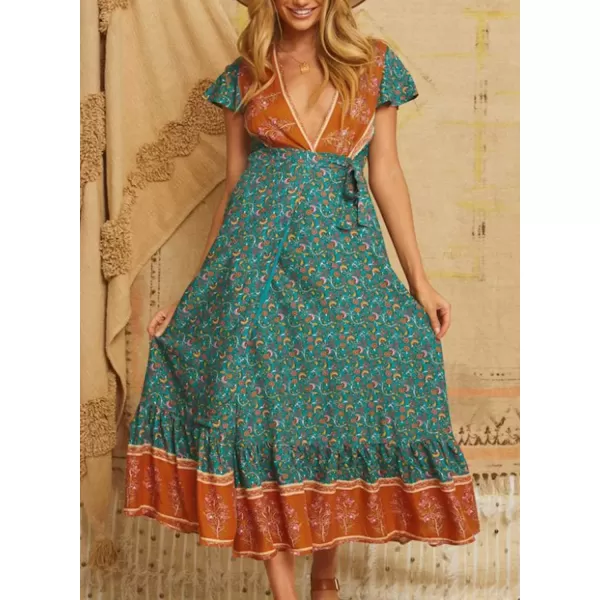 imagePRETTYGARDEN Women Boho Summer Side Split Deep V Neck Short Sleeves Maxi Dress with BeltDark Green