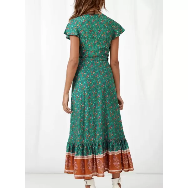 imagePRETTYGARDEN Women Boho Summer Side Split Deep V Neck Short Sleeves Maxi Dress with BeltDark Green