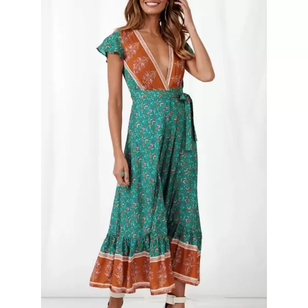 imagePRETTYGARDEN Women Boho Summer Side Split Deep V Neck Short Sleeves Maxi Dress with BeltDark Green