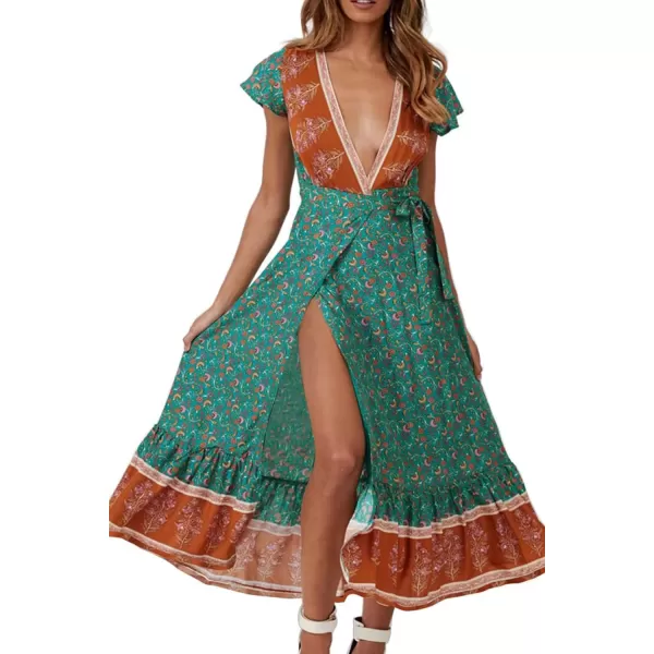 imagePRETTYGARDEN Women Boho Summer Side Split Deep V Neck Short Sleeves Maxi Dress with BeltDark Green