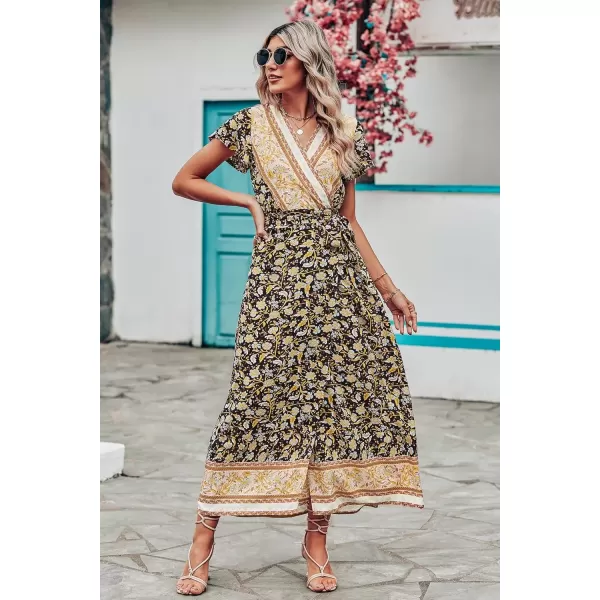 imagePRETTYGARDEN Women Boho Summer Side Split Deep V Neck Short Sleeves Maxi Dress with BeltFloral Black