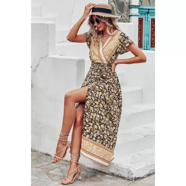 imagePRETTYGARDEN Women Boho Summer Side Split Deep V Neck Short Sleeves Maxi Dress with BeltFloral Black