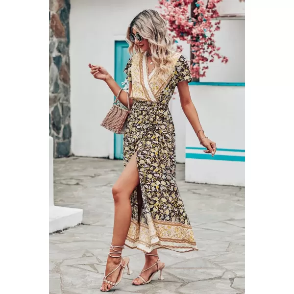 imagePRETTYGARDEN Women Boho Summer Side Split Deep V Neck Short Sleeves Maxi Dress with BeltFloral Black