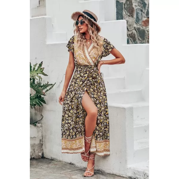 imagePRETTYGARDEN Women Boho Summer Side Split Deep V Neck Short Sleeves Maxi Dress with BeltFloral Black