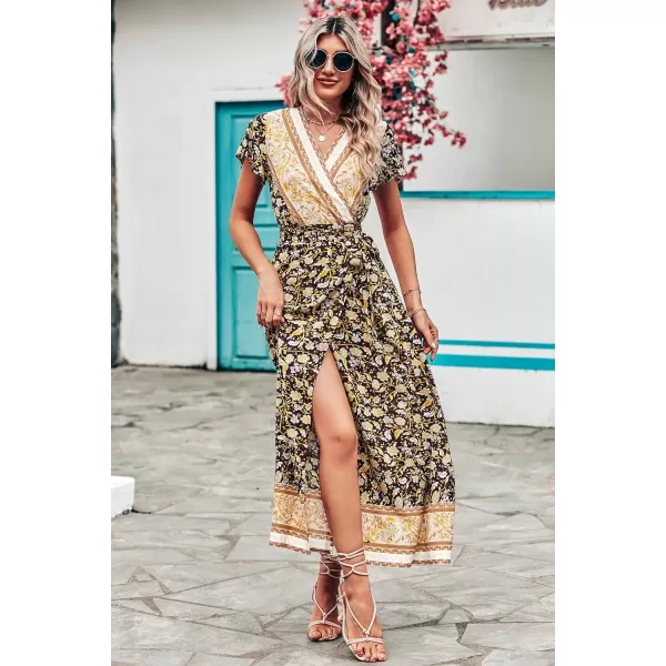 imagePRETTYGARDEN Women Boho Summer Side Split Deep V Neck Short Sleeves Maxi Dress with BeltFloral Black