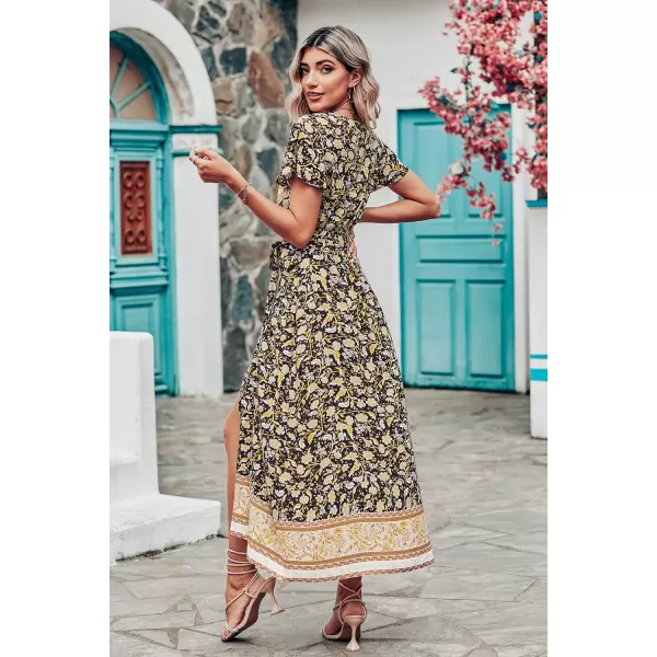 imagePRETTYGARDEN Women Boho Summer Side Split Deep V Neck Short Sleeves Maxi Dress with BeltFloral Black