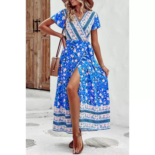 imagePRETTYGARDEN Women Boho Summer Side Split Deep V Neck Short Sleeves Maxi Dress with BeltFloral Blue