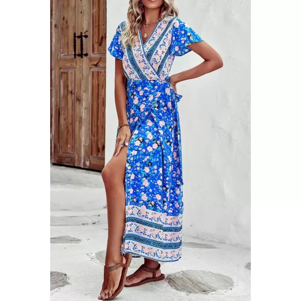 imagePRETTYGARDEN Women Boho Summer Side Split Deep V Neck Short Sleeves Maxi Dress with BeltFloral Blue