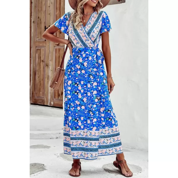 imagePRETTYGARDEN Women Boho Summer Side Split Deep V Neck Short Sleeves Maxi Dress with BeltFloral Blue