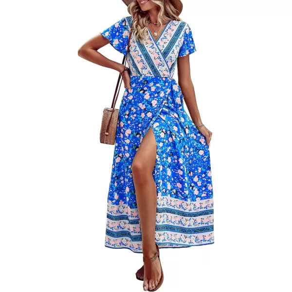 imagePRETTYGARDEN Women Boho Summer Side Split Deep V Neck Short Sleeves Maxi Dress with BeltFloral Blue