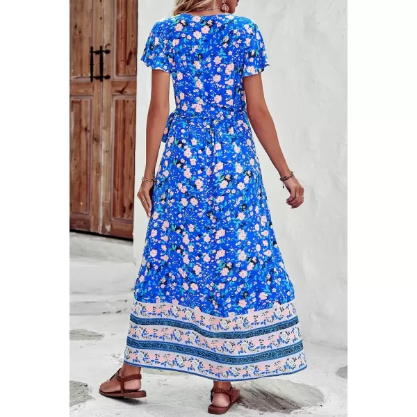 imagePRETTYGARDEN Women Boho Summer Side Split Deep V Neck Short Sleeves Maxi Dress with BeltFloral Blue