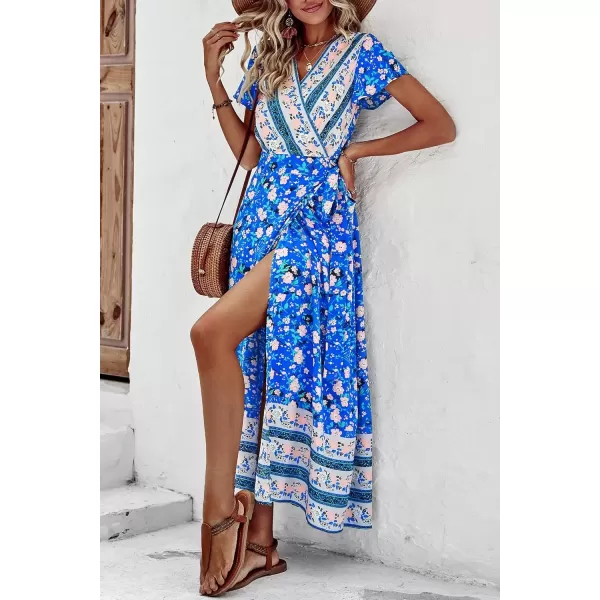 imagePRETTYGARDEN Women Boho Summer Side Split Deep V Neck Short Sleeves Maxi Dress with BeltFloral Blue