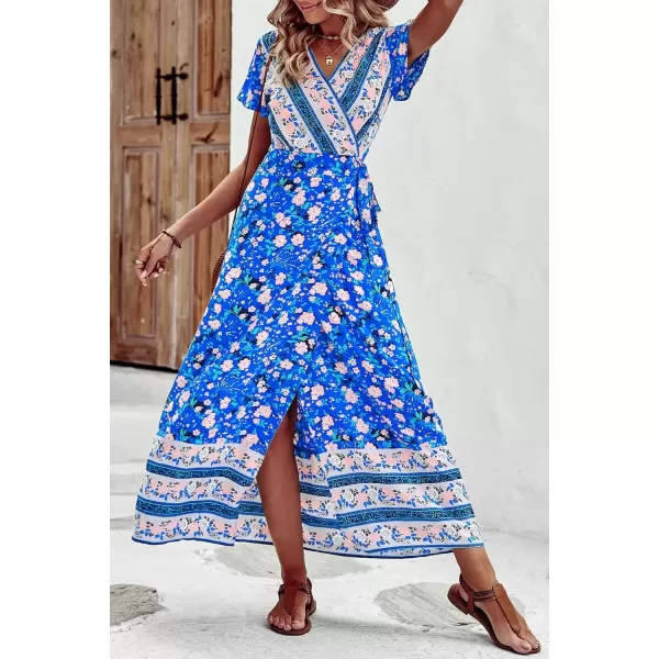 imagePRETTYGARDEN Women Boho Summer Side Split Deep V Neck Short Sleeves Maxi Dress with BeltFloral Blue