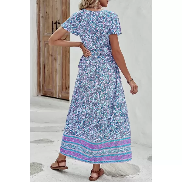 imagePRETTYGARDEN Women Boho Summer Side Split Deep V Neck Short Sleeves Maxi Dress with BeltFloral Blue Purple