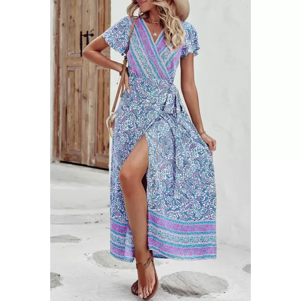 imagePRETTYGARDEN Women Boho Summer Side Split Deep V Neck Short Sleeves Maxi Dress with BeltFloral Blue Purple