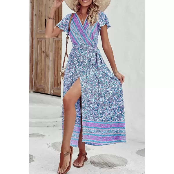 imagePRETTYGARDEN Women Boho Summer Side Split Deep V Neck Short Sleeves Maxi Dress with BeltFloral Blue Purple
