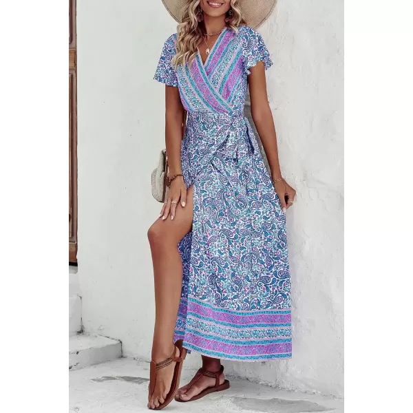 imagePRETTYGARDEN Women Boho Summer Side Split Deep V Neck Short Sleeves Maxi Dress with BeltFloral Blue Purple