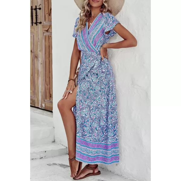 imagePRETTYGARDEN Women Boho Summer Side Split Deep V Neck Short Sleeves Maxi Dress with BeltFloral Blue Purple