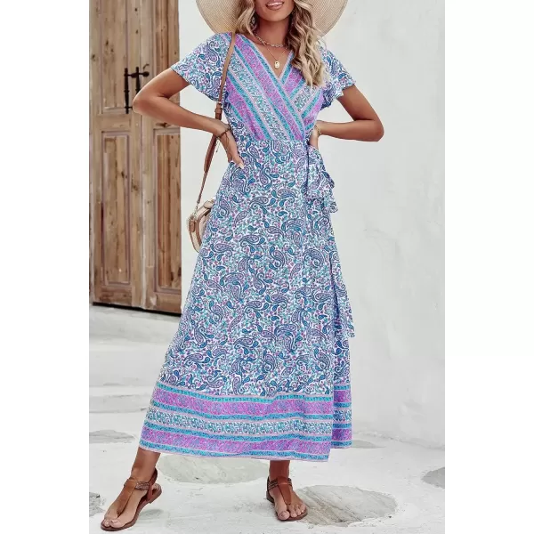 imagePRETTYGARDEN Women Boho Summer Side Split Deep V Neck Short Sleeves Maxi Dress with BeltFloral Blue Purple
