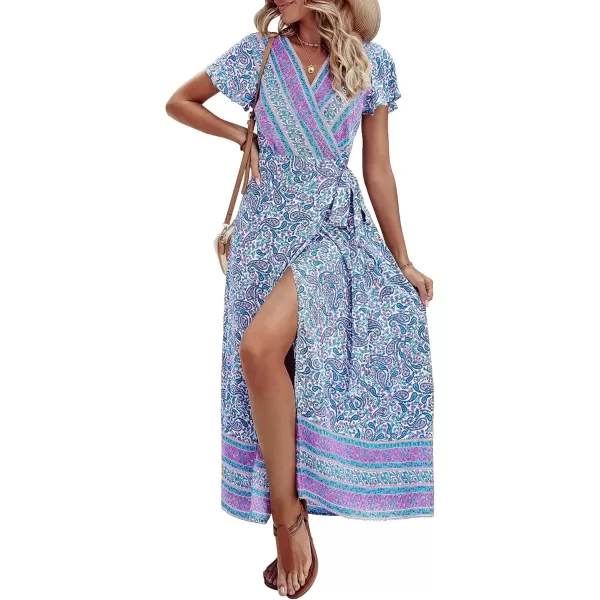 imagePRETTYGARDEN Women Boho Summer Side Split Deep V Neck Short Sleeves Maxi Dress with BeltFloral Blue Purple
