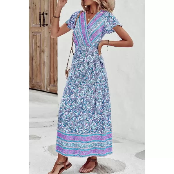 imagePRETTYGARDEN Women Boho Summer Side Split Deep V Neck Short Sleeves Maxi Dress with BeltFloral Blue Purple