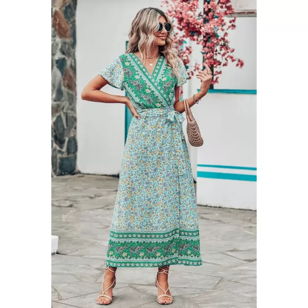imagePRETTYGARDEN Women Boho Summer Side Split Deep V Neck Short Sleeves Maxi Dress with BeltFloral Green