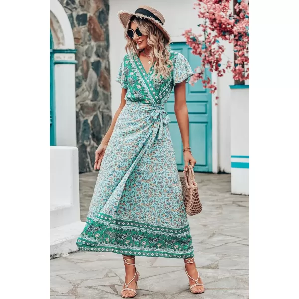 imagePRETTYGARDEN Women Boho Summer Side Split Deep V Neck Short Sleeves Maxi Dress with BeltFloral Green