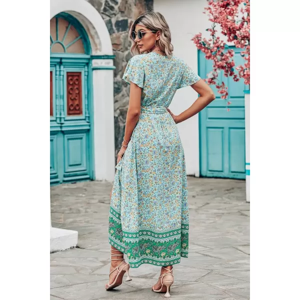 imagePRETTYGARDEN Women Boho Summer Side Split Deep V Neck Short Sleeves Maxi Dress with BeltFloral Green