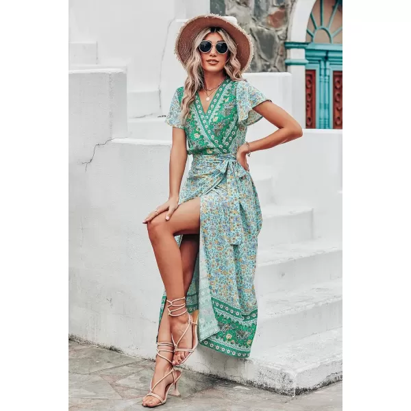 imagePRETTYGARDEN Women Boho Summer Side Split Deep V Neck Short Sleeves Maxi Dress with BeltFloral Green