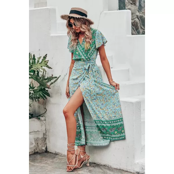 imagePRETTYGARDEN Women Boho Summer Side Split Deep V Neck Short Sleeves Maxi Dress with BeltFloral Green