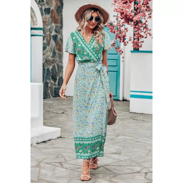 imagePRETTYGARDEN Women Boho Summer Side Split Deep V Neck Short Sleeves Maxi Dress with BeltFloral Green