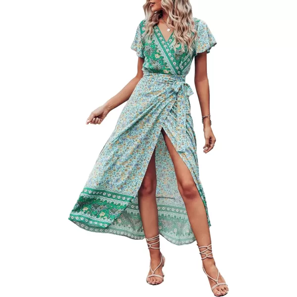 imagePRETTYGARDEN Women Boho Summer Side Split Deep V Neck Short Sleeves Maxi Dress with BeltFloral Green