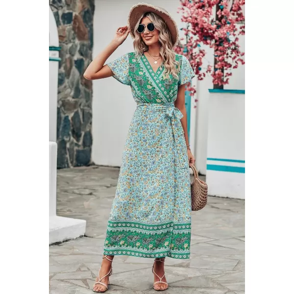 imagePRETTYGARDEN Women Boho Summer Side Split Deep V Neck Short Sleeves Maxi Dress with BeltFloral Green