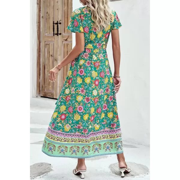 imagePRETTYGARDEN Women Boho Summer Side Split Deep V Neck Short Sleeves Maxi Dress with BeltFloral Green Red