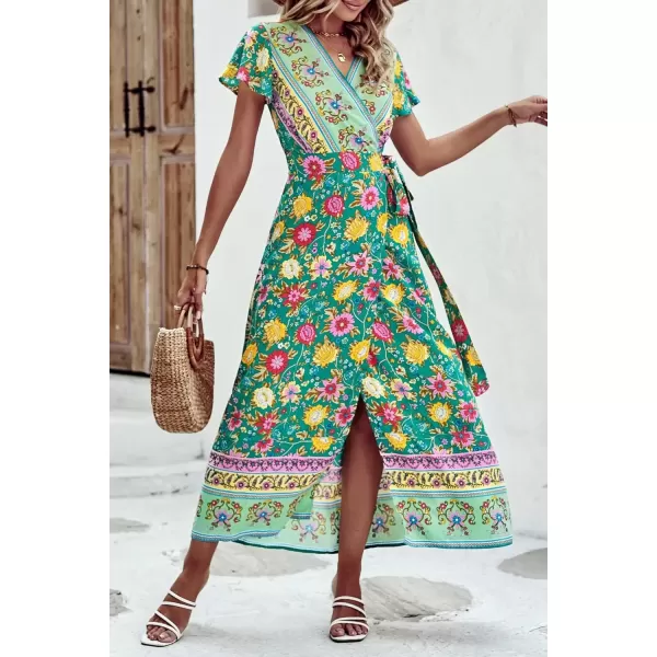 imagePRETTYGARDEN Women Boho Summer Side Split Deep V Neck Short Sleeves Maxi Dress with BeltFloral Green Red