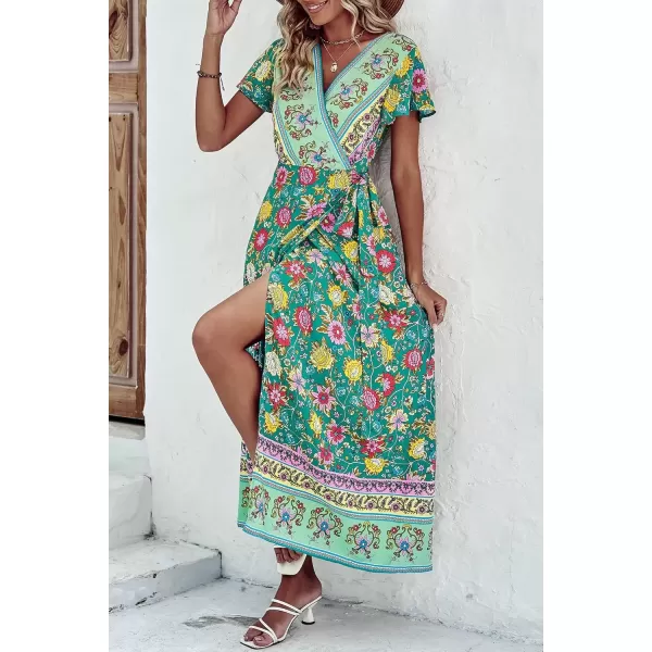 imagePRETTYGARDEN Women Boho Summer Side Split Deep V Neck Short Sleeves Maxi Dress with BeltFloral Green Red