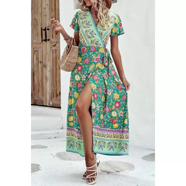 imagePRETTYGARDEN Women Boho Summer Side Split Deep V Neck Short Sleeves Maxi Dress with BeltFloral Green Red