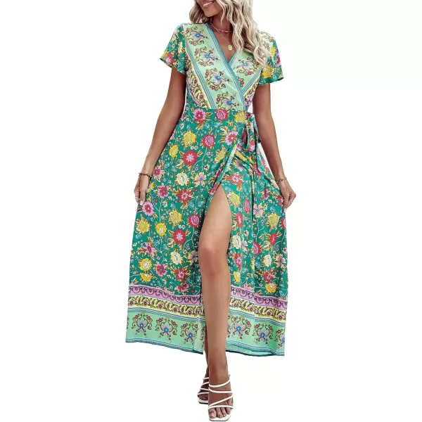 imagePRETTYGARDEN Women Boho Summer Side Split Deep V Neck Short Sleeves Maxi Dress with BeltFloral Green Red
