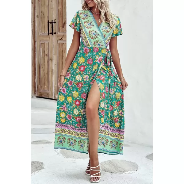 imagePRETTYGARDEN Women Boho Summer Side Split Deep V Neck Short Sleeves Maxi Dress with BeltFloral Green Red