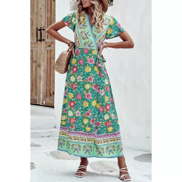 imagePRETTYGARDEN Women Boho Summer Side Split Deep V Neck Short Sleeves Maxi Dress with BeltFloral Green Red