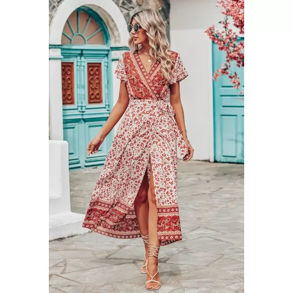 imagePRETTYGARDEN Women Boho Summer Side Split Deep V Neck Short Sleeves Maxi Dress with BeltFloral Orange Red