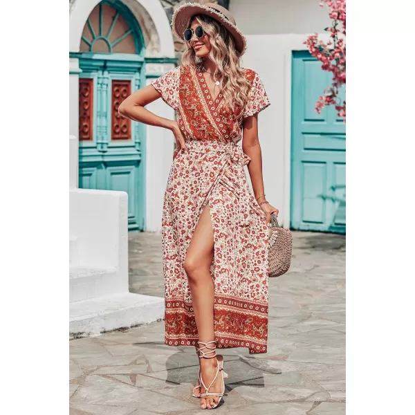 imagePRETTYGARDEN Women Boho Summer Side Split Deep V Neck Short Sleeves Maxi Dress with BeltFloral Orange Red