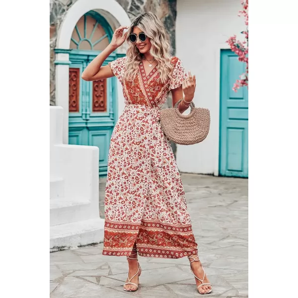 imagePRETTYGARDEN Women Boho Summer Side Split Deep V Neck Short Sleeves Maxi Dress with BeltFloral Orange Red