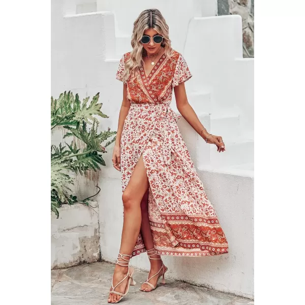 imagePRETTYGARDEN Women Boho Summer Side Split Deep V Neck Short Sleeves Maxi Dress with BeltFloral Orange Red