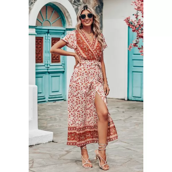 imagePRETTYGARDEN Women Boho Summer Side Split Deep V Neck Short Sleeves Maxi Dress with BeltFloral Orange Red