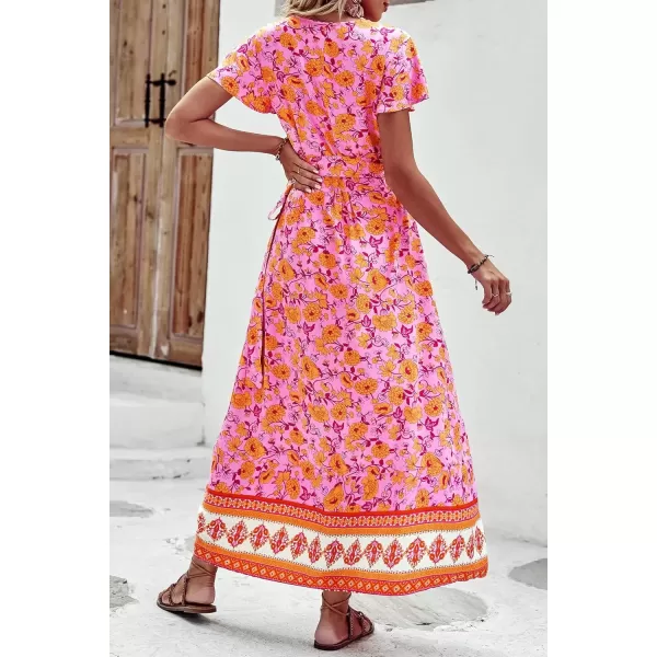 imagePRETTYGARDEN Women Boho Summer Side Split Deep V Neck Short Sleeves Maxi Dress with BeltFloral Pink