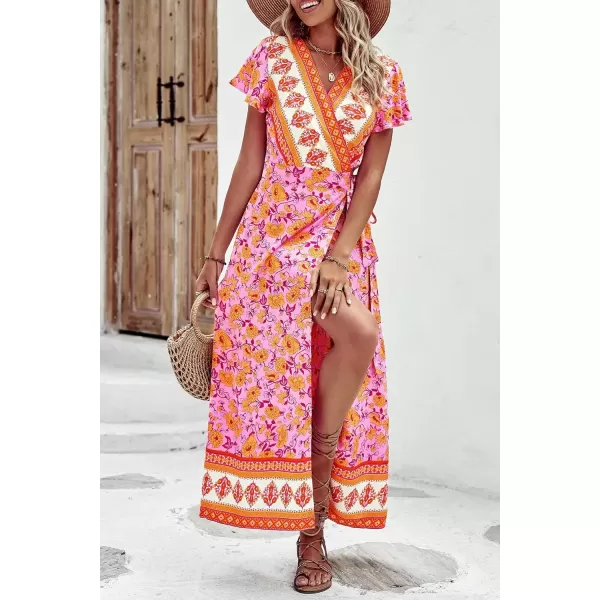 imagePRETTYGARDEN Women Boho Summer Side Split Deep V Neck Short Sleeves Maxi Dress with BeltFloral Pink